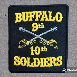 May include: Black embroidered patch with yellow text that reads "BUFFALO 9th 10th SOLDIERS" with two crossed swords in silver thread.