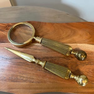 Vintage Solid Brass Letter Opener and Hand Held Magnifying Glass Home Office Acessories