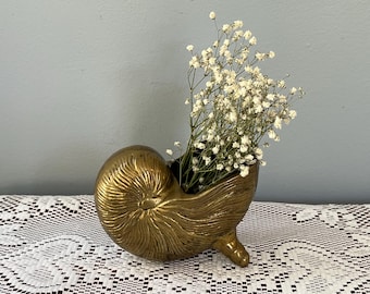 Vintage Brass Nautilus Shell Footed Planter: Aged Patina Cottagecore/ Coastal Decor