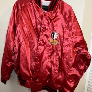Vintage Bridgeport Brand FSU Football Logo Mens XL Red Satin Bomber Jacket With Buttons and Pockets