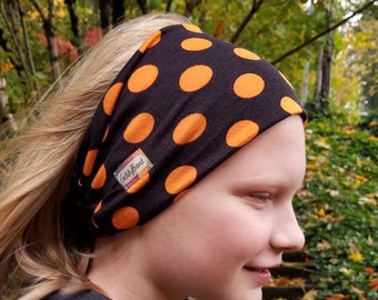 Black Orange Dot Wide Headband-Fitness Headband-Adult to Child size Headband-Fabric Head Wrap-GiddyBand-Halloween Headband-Fall color band