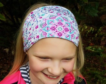 Floral Wide Headband-Boho Headband-Yoga Headband-Fitness Headband-Headband Scarf-White Pink Mosaic Vine-Fabric Head Wrap-GiddyBand-Earband