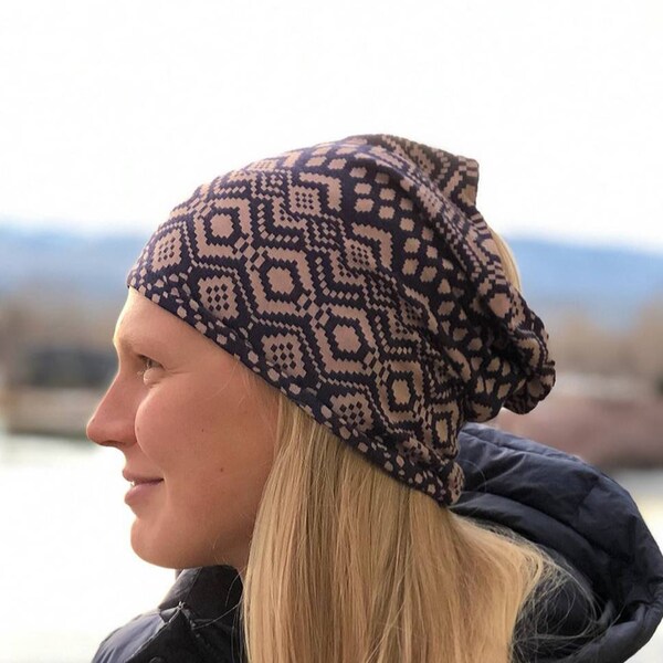 Extra Wide Headband-GiddyBand-Headband Scarf-Jersey Knit Headband-Fabric Headwrap-Boho Headband-Peony Navy Squares, Scrunch Headband