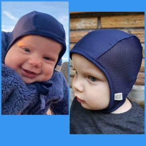 Navy Blue Baby Pilot Hat, Giddy Baby Hat, Hat with Ties or Snaps, Hearing Aid Hat, Size NB-36 mo-brushed poly spandex fabric-Mesh Pilot Hat image 1