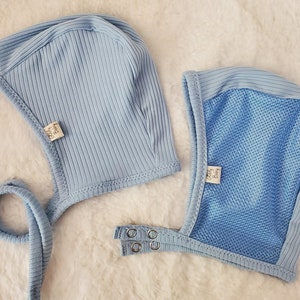 Light Blue Rib knit Baby Pilot Hat-GiddyBaby Hat-Hat with Ties or Snaps-Hearing Aid Hat-Size NB-36mo-Soft Rib Knit Fabric-Mesh Pilot Hat