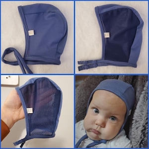Denim Blue Baby Pilot Hat, Giddy Baby Hat, Hat with Ties or Snaps, Hearing Aid Hat, Size NB-36 mo-brushed poly spandex fabric-Mesh Pilot Hat