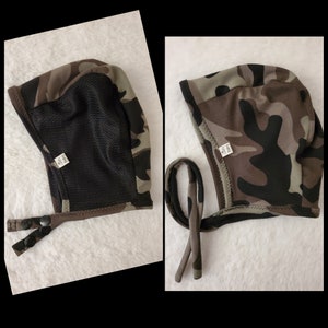 Gorro de piloto de camuflaje para bebé, gorro para bebé Giddy, gorro con lazos o broches, gorro para audífonos, talla NB-36 meses, gorro de piloto de malla, poliéster cepillado con camuflaje