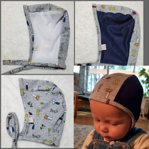 Gray Construction Tools Cotton Knit Baby Pilot Hat-Giddy Baby Hat-Hat with Ties or Snaps-Hearing Aid Hat-Size NB-36 mo-Mesh Pilot Hat
