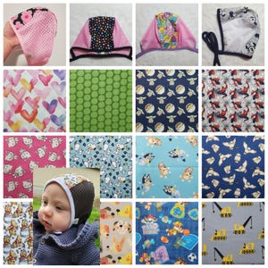 May include: A collection of baby bonnets and fabric samples. The bonnets display diverse patterns, including floral designs, polka dots, and cartoon characters. Fabric swatches showcase hearts, dots, and characters such as Baby Yoda, Spider-Man, Hello Kitty, Snoopy, Bluey, owls, Winnie the Pooh, dogs, Paw Patrol, and construction vehicles.
