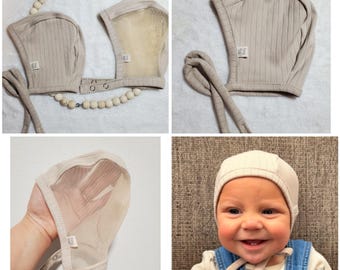 Dusty Taupe Swedish bonnet-brushed knit rib knit fabric-Baby Pilot Cap-Hat with Ties or Snaps-Hearing Aid Hat-Size 38-50cm/0-24mo