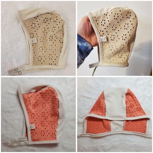 Beige or Coral Eyelet-Baby Pilot Hat-Giddy Baby Hat-Hat with Ties or Snaps-Hearing Aid Hat,NB-36 mo size-Knit Eyelet w/brushed poly spandex
