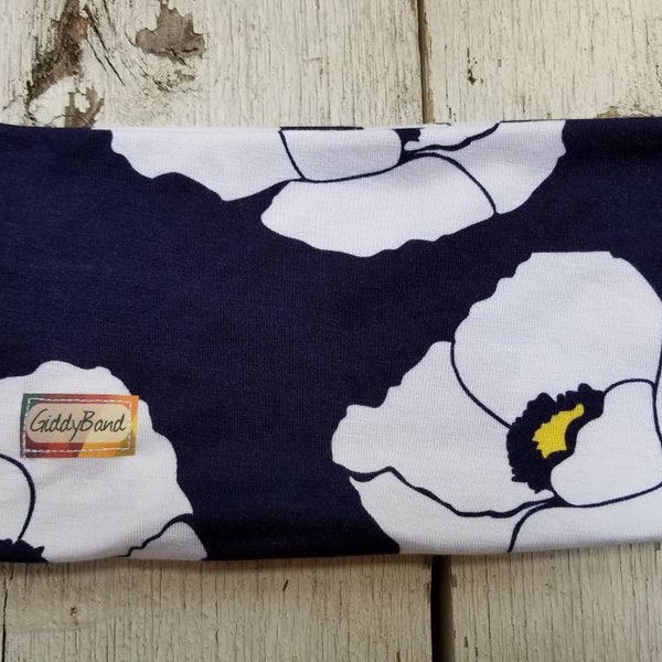 Wide Floral Headband-Navy White Yellow Big Poppies-Jersey Knit Headwrap-Fitness Headband-Boho Headband-GiddyBand-Woman Headscarf-Hair Band