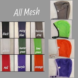 Puede incluir: Una colección de 12 gorras de malla en varios colores, incluyendo negro, azul marino, gris carbón, blanco, verde cazador, verde lima, rojo, morado y naranja. Las gorras están todas hechas de una tela de malla transpirable y tienen un diseño simple.