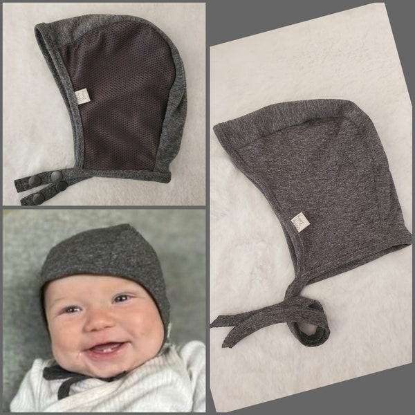 Gray Baby Pilot Hat-Giddy Baby Hat-Hat with Ties or Snaps-Hearing Aid Hat-Size NB-36 mo-Charcoal Gray brushed poly spandex-Mesh Pilot Hat