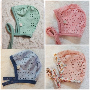 Swedish bonnet-Eyelet fabric-Baby Pilot Cap-Hat with Ties or Snaps-Hearing Aid Hat-Size 38-50cm/0-24mo-rib knit binding-Pick your color
