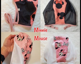 Minnie Mouse Mesh Pilot Hat, Giddy Baby Hat, Hat with Ties or Snaps, Hearing Aid Hat, Size NB-36 mo-cotton knit fabric with mesh side panels