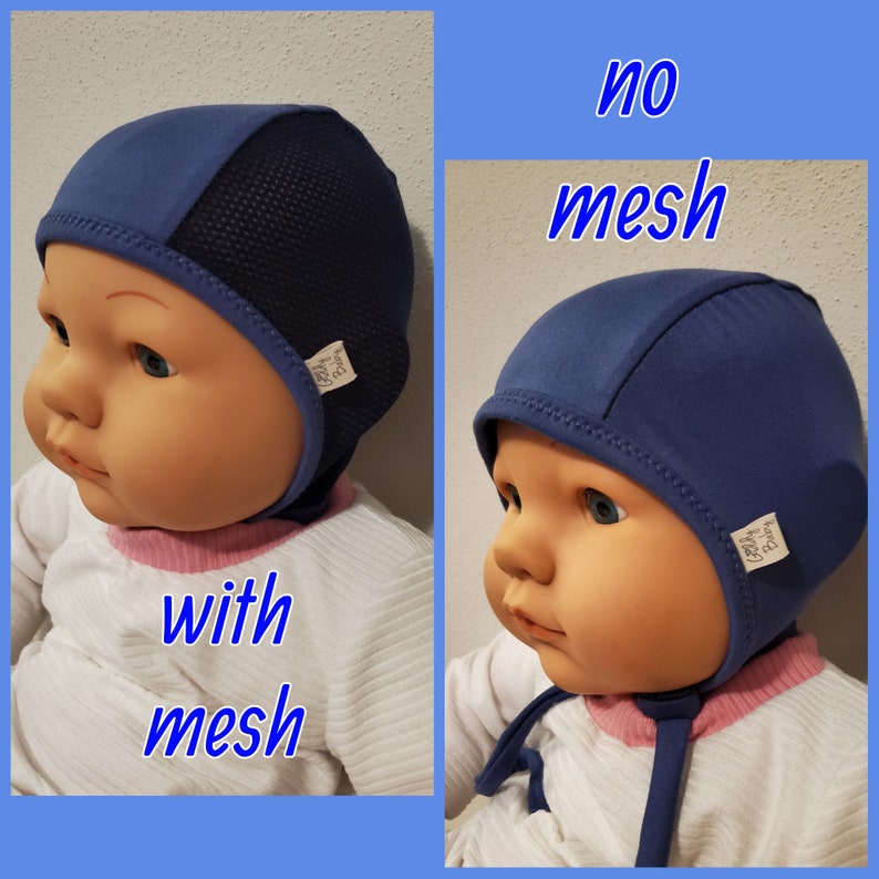 Denim Blue Baby Pilot Hat, Giddy Baby Hat, Hat with Ties or Snaps, Hearing Aid Hat, Size NB-36 mo-brushed poly spandex fabric-Mesh Pilot Hat image 3