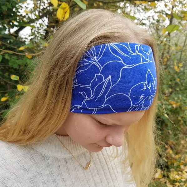 Wide Headband-Jersey Knit Headwrap-Boho Headband-Yoga Headband-Fitness Headband-Stretchy Wide Headband-GiddyBand, Royal Blue Sketchy Iris