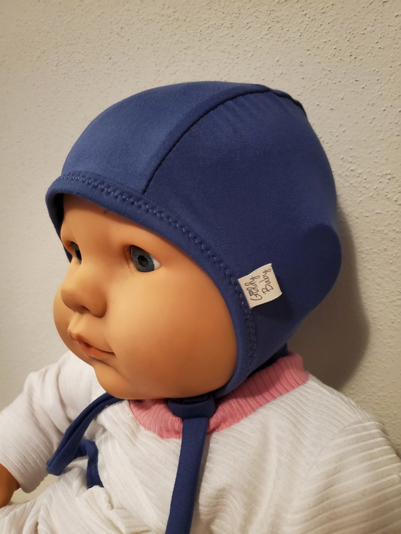 Denim Blue Baby Pilot Hat, Giddy Baby Hat, Hat with Ties or Snaps, Hearing Aid Hat, Size NB-36 mo-brushed poly spandex fabric-Mesh Pilot Hat image 8