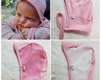 Pink Rib Knit Baby Pilot Hat-Giddy Baby Hat-Hat with Ties or Snaps-Hearing Aid Hat, NB-36 mo size-Mesh Pilot hat-soft rib knit fabric