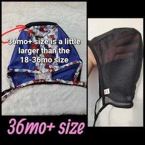 Puede incluir: Un gorro de bebé con un estampado azul y rojo y un borde negro. El gorro tiene un forro de malla y un cordón. El texto de la imagen dice "36mo+ size is a little larger than the 18-36mo size."