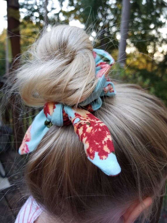 Light Turquoise Floral Scrunchie Knot Bow Scrunchie Bun Etsy
