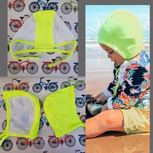 Baby Pilot Hat, Giddy Baby Hat, Hat with Ties or Snaps, Hearing Aid Hat, Size NB-36 mo, Neon Yellow brushed poly spandex, Mesh Pilot Hat