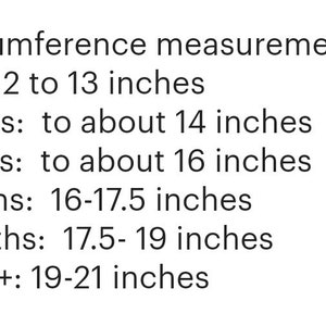 May include: A text chart titled Head circumference measurements listing sizes in inches: NB up to 12-13 inches, 0-3 months to about 14 inches, 3-6 months to about 16 inches, 6-12 months 16-17.5 inches, 12-18 months 17.5-19 inches, and 18 months+ 19-21 inches.