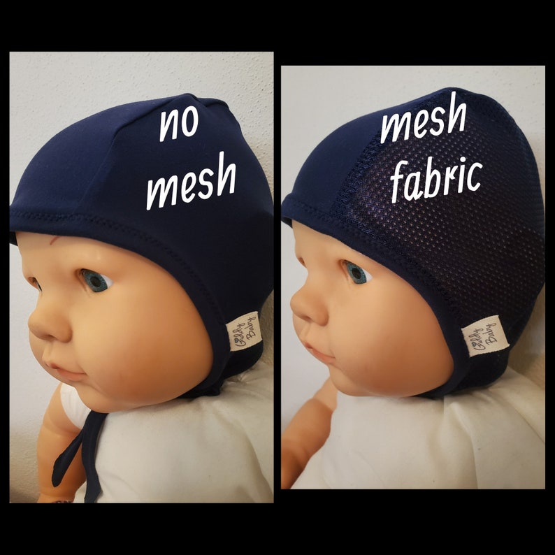Navy Blue Baby Pilot Hat, Giddy Baby Hat, Hat with Ties or Snaps, Hearing Aid Hat, Size NB-36 mo-brushed poly spandex fabric-Mesh Pilot Hat zdjęcie 3