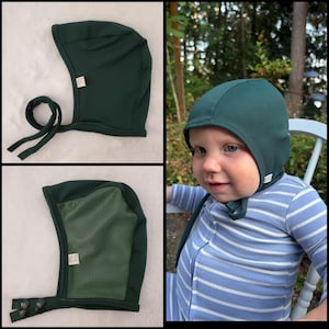Dark Green Baby Pilot Hat-GiddyBaby Hat-Hat with Ties or Snaps-Hearing Aid Hat-Size NB-36mo-Hunter Green brushed poly spandex-Mesh Pilot Hat