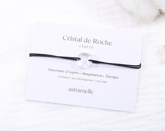 Bracelet élégant cordon noir et Cristal de Roche, Carré Précieux - Bijou minimaliste pierre fine
