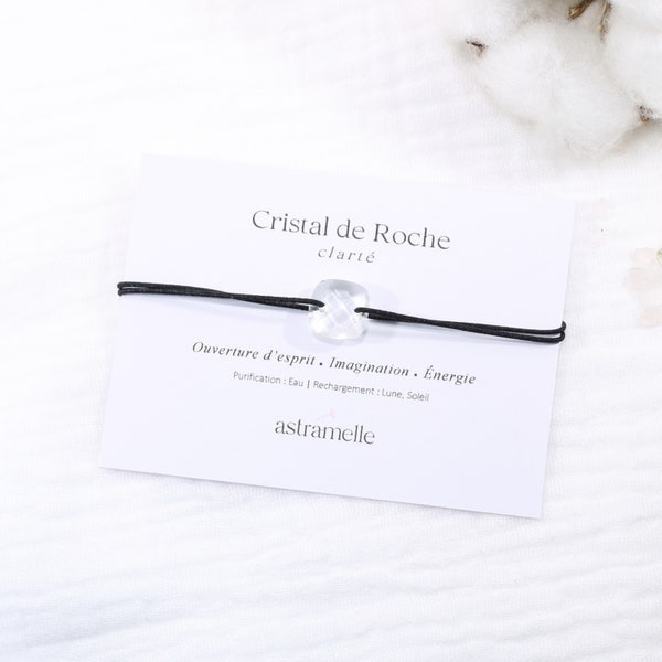 Bracelet élégant cordon noir et Cristal de Roche, Carré Précieux - Bijou minimaliste pierre fine