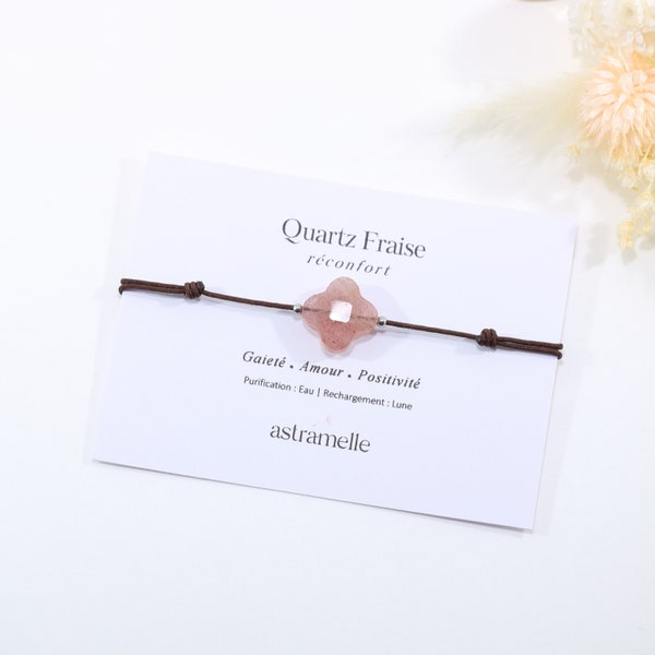 Bracelet raffiné cordon et Quartz Fraise trèfle, Jardin Secret - Bijou minimaliste pierre fine