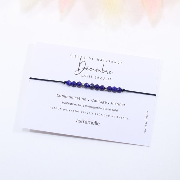 Bracelet fin cordon et Lapis Lazuli/Tanzanite, Pierre de naissance Décembre - Bijou minimaliste pierre fine