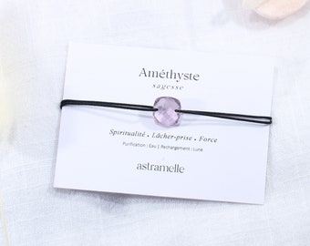 Elegant black cord and Amethyst bracelet, Precious Square - Minimalist fine stone jewelry