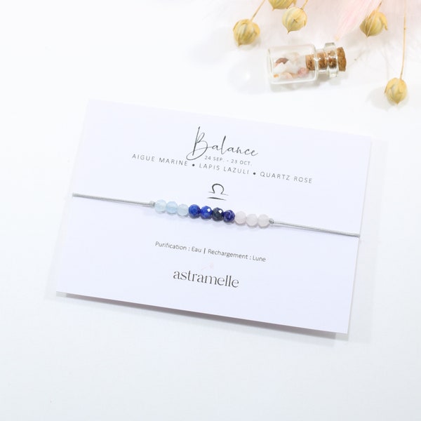 Bracelet fin cordon et Aigue Marine, Lapis Lazuli et Quartz Rose, Balance Zodiaque - Bijou minimaliste pierre fine