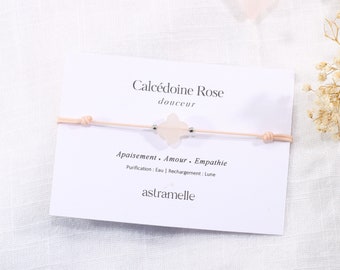 Bracelet raffiné cordon et Calcédoine Rose trèfle, Jardin Secret - Bijou minimaliste pierre fine