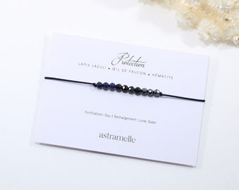 Bracelet fin cordon et Lapis Lazuli, Œil de Faucon, Hématite, Protection - Bijou minimaliste pierre fine
