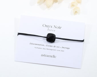 Bracelet élégant cordon noir et Onyx Noir, Carré Précieux - Bijou minimaliste pierre fine