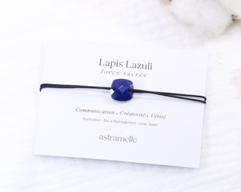 Bracelet élégant cordon noir et Lapis Lazuli, Carré Précieux - Bijou minimaliste pierre fine