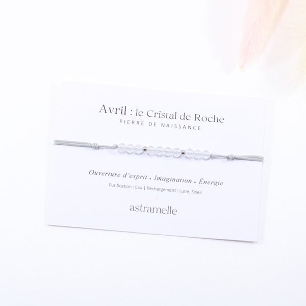 Bracelet fin cordon et Cristal de Roche, Pierre de naissance Avril - Bijou minimaliste pierre fine