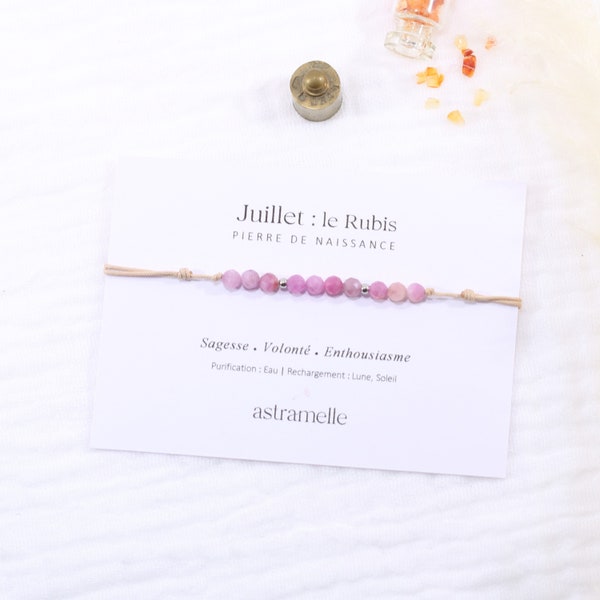 Bracelet fin cordon et Rubis, Pierre de naissance Juillet - Bijou minimaliste pierre fine