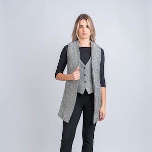 Celtic Tweed | Black & White Herringbone Gilet with Pockets | Ladies Wool Gilet | Tailored Sleeveless Jacket | Womens Winterwear