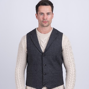 Chaleco de tweed celta / Chaleco de tweed gris Behan con solapas / Chaleco de lana con diseño de espiga para hombre / Prenda formal clásica irlandesa a medida / Chaleco de boda