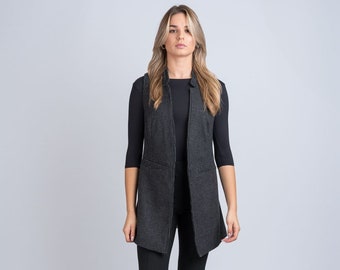 Chaleco de tweed celta / Chaleco de tweed a cuadros negros con bolsillos / Chaleco de lana hecho a mano / Regalos irlandeses para ella / Moda de invierno a medida para mujer
