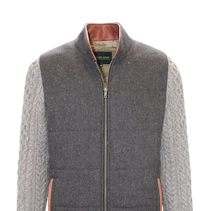 Celtic Tweed | Men&#39;s Brown Hopsack Shackleton Jacket with Rocky Road Cashmere Cable Knit Sleeves | Brown Tweed Bomber Jacket