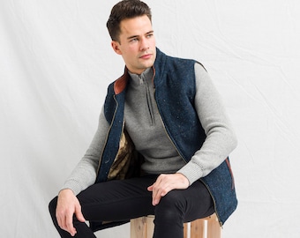 Celtic Tweed | Men's Blue Tweed Bodywarmer / Gilet with Leather Trims