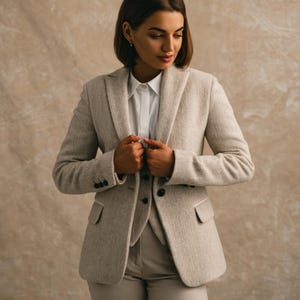 Puede incluir: Un traje de mujer beige claro, compuesto por una americana, un chaleco y un pantalón. La americana tiene tres botones en cada puño y dos bolsillos delanteros. El traje se combina con una camisa blanca con cuello. El fondo es beige neutro.