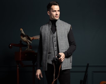 Men's Grey Hunting Tweed Body Warmer and Gilet with Leather Trims | Mens Gifts | Irish Gifts | Gifts For Him| Mens Gifts Ideas
