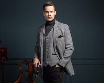 Men's Grey Hunting Tweed Jacket with Moleskin Trim | Men’s Checked Blazer | Grey Wool Jacket | Tailored Sportscoat | Classic Wedding Jacket